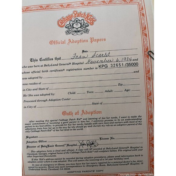 Toy Cabbage Patch Kids 1984 1985 Signed Shoe Soft Sculpture Dress Hair Curly Bir - Picture 2 of 2